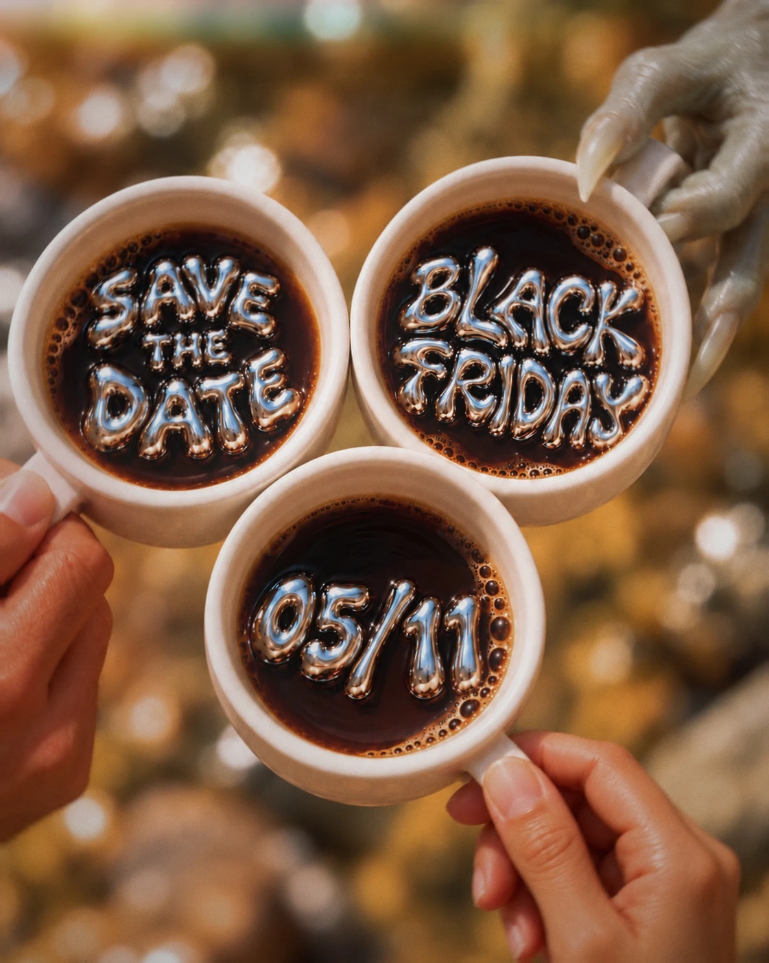 Três cafés com lettering cromado: Save the date, Black Friday e 05/11